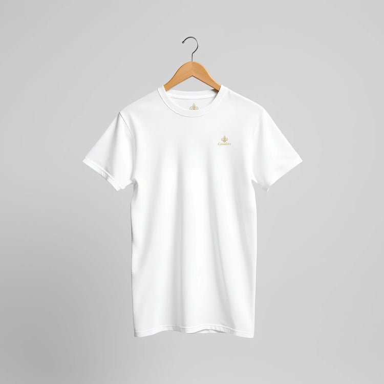 Premium Unisex Crewneck T-shirt | Cavaliére in classic white with subtle logo embroidery on chest, displayed on wooden hanger