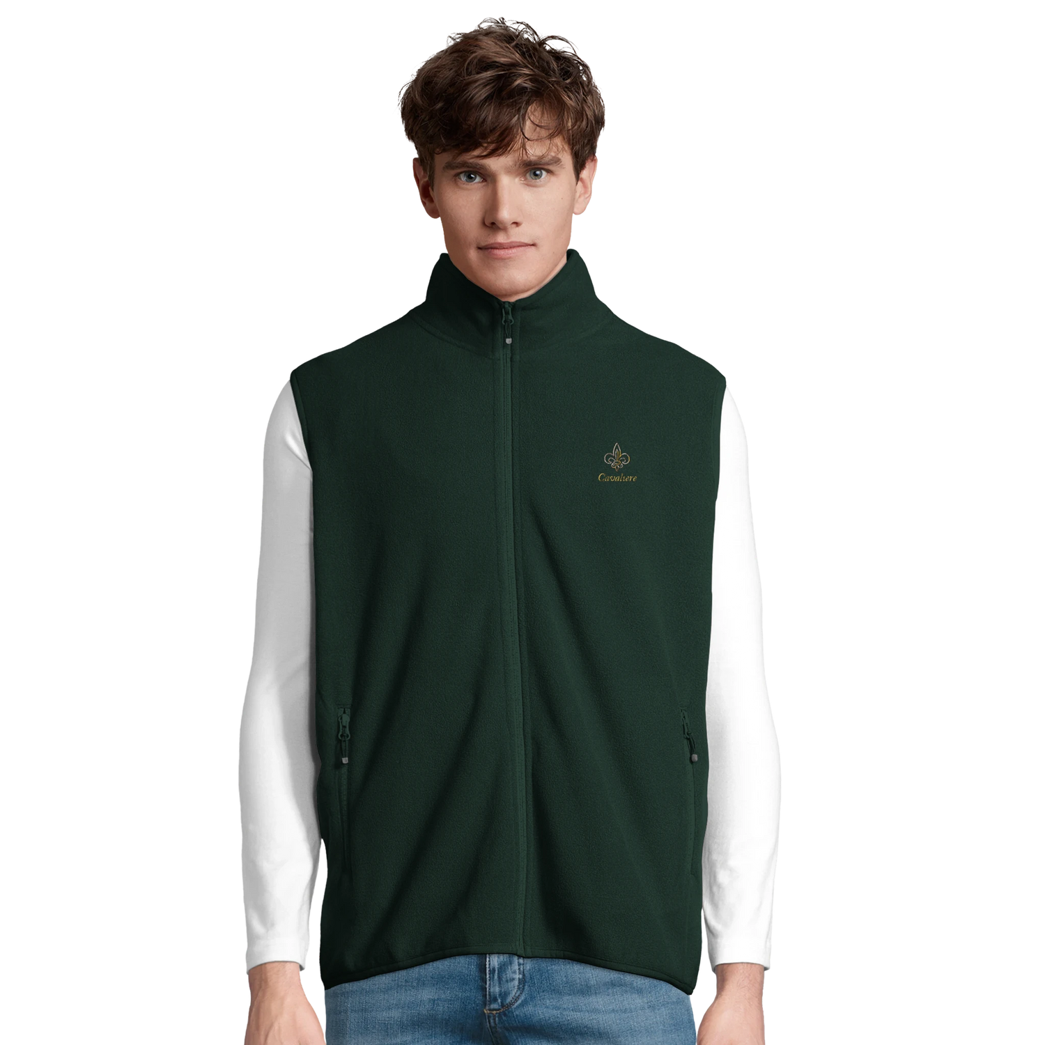 Cavaliére Unisex Microfleece Zip Vest in deep green with stand collar and embroidered logo on chest, styled for layering