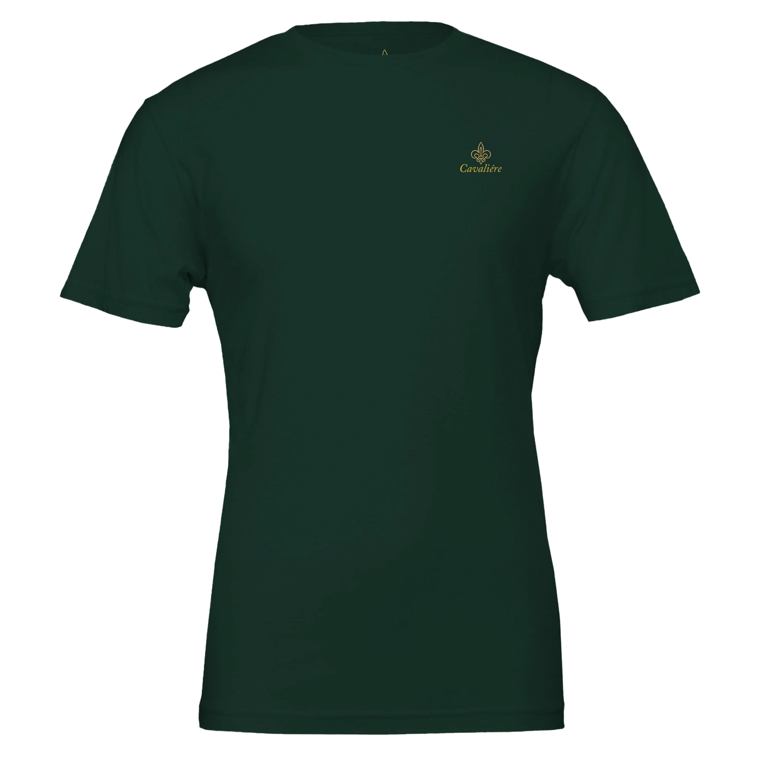 Premium Unisex Crewneck T-shirt | Cavaliére in dark green with small gold embroidered logo on chest, classic fit design