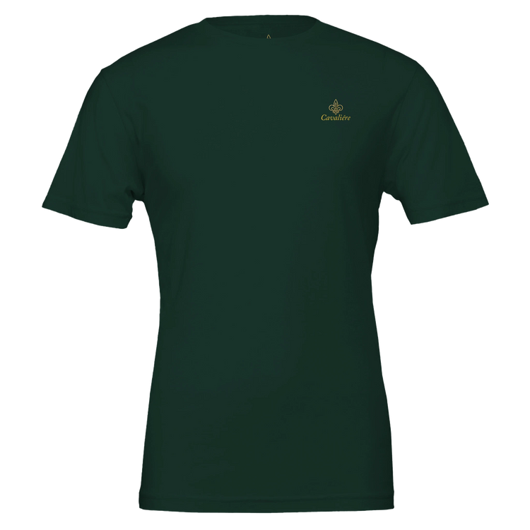 Premium Unisex Crewneck T-shirt | Cavaliére in dark green with small gold embroidered logo on chest, classic fit design