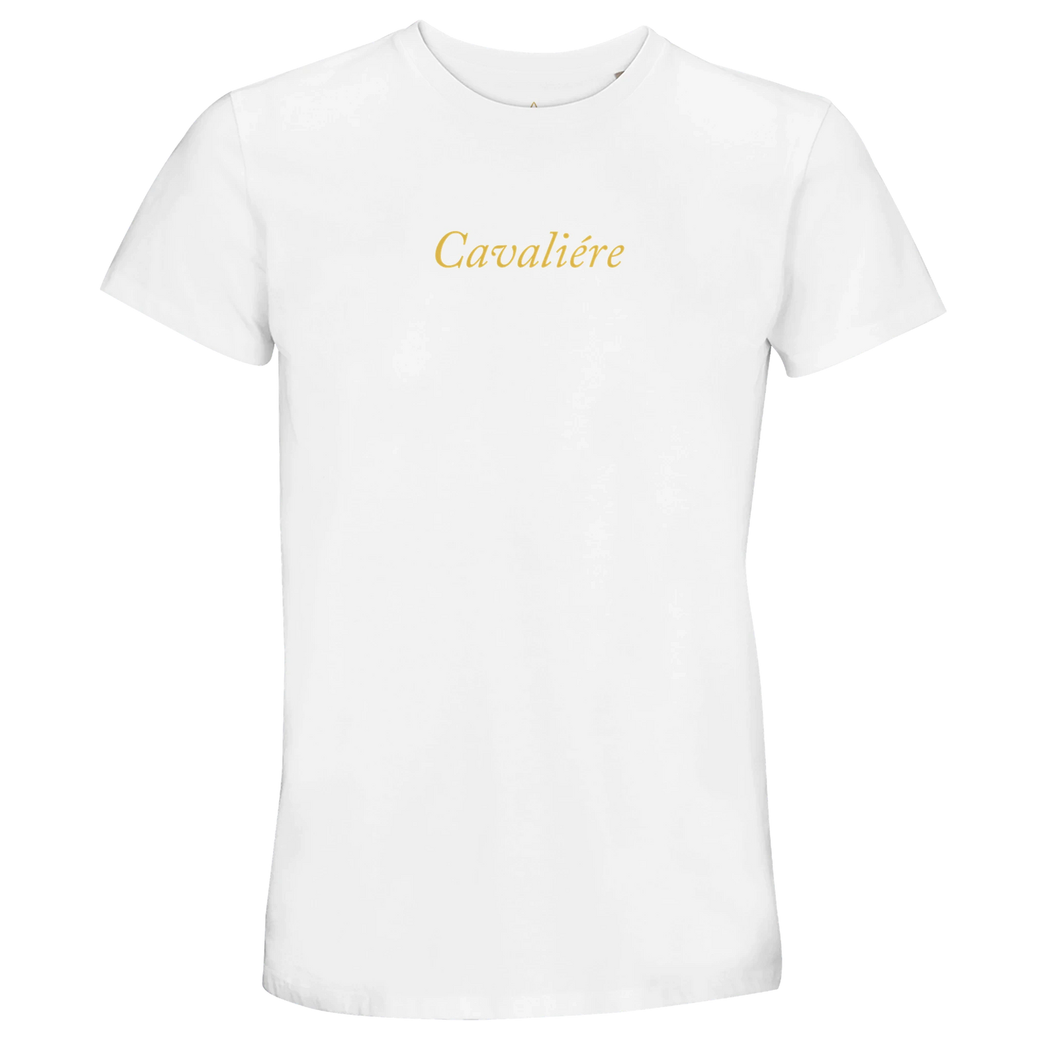 Women Crewneck T-shirt | Cavaliére in white with gold script logo, classic crew neck style and minimalist design
