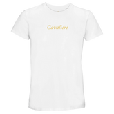 Women Crewneck T-shirt | Cavaliére in white with gold script logo, classic crew neck style and minimalist design