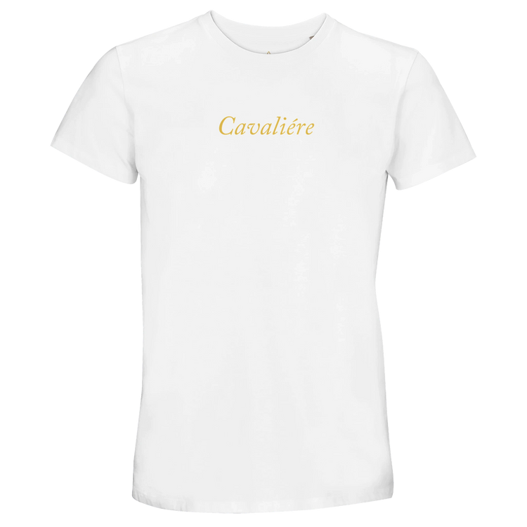 Women Crewneck T-shirt | Cavaliére in white with gold script logo, classic crew neck style and minimalist design
