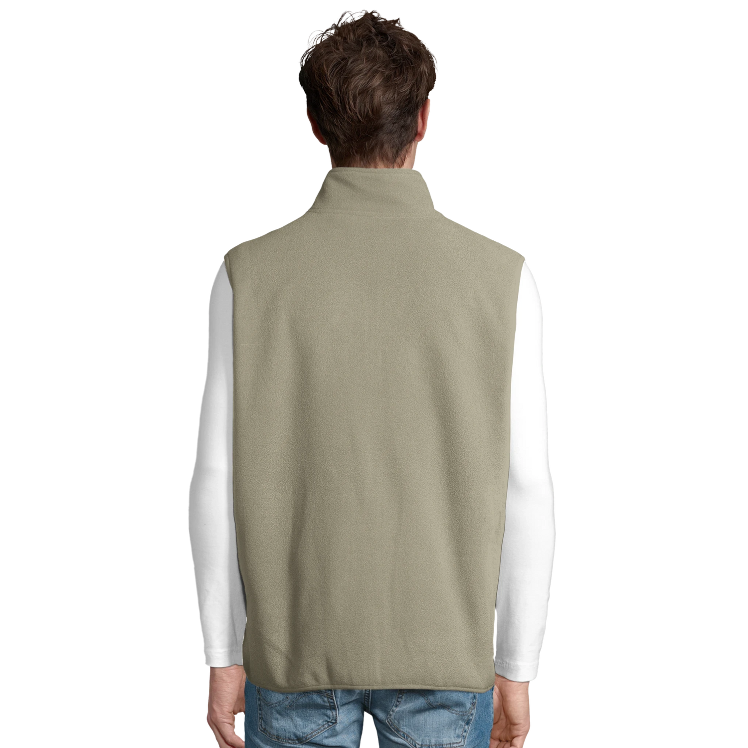Cavaliére Unisex Microfleece Zip Vest in muted beige with a high neck, shown from the back on casual outfit model