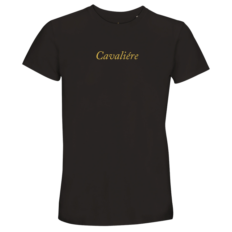 Women Crewneck T-shirt | Cavaliére in black with elegant gold logo embroidery on chest, classic crew neck silhouette