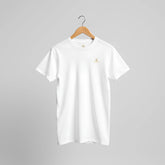 Premium Unisex Crewneck T-shirt | Cavaliére in classic white with subtle logo embroidery on chest, displayed on wooden hanger