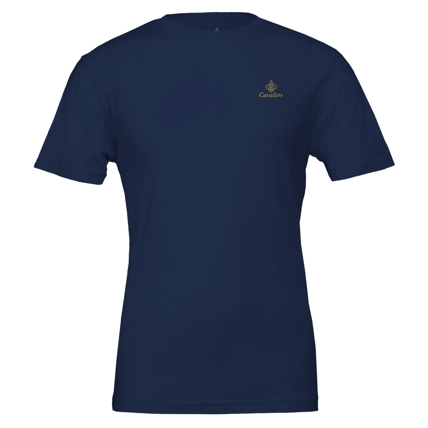 Premium Unisex Crewneck T-shirt | Cavaliére in navy blue with small gold embroidered logo on chest, classic crew neck design