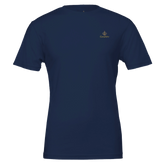 Premium Unisex Crewneck T-shirt | Cavaliére in navy blue with small gold embroidered logo on chest, classic crew neck design