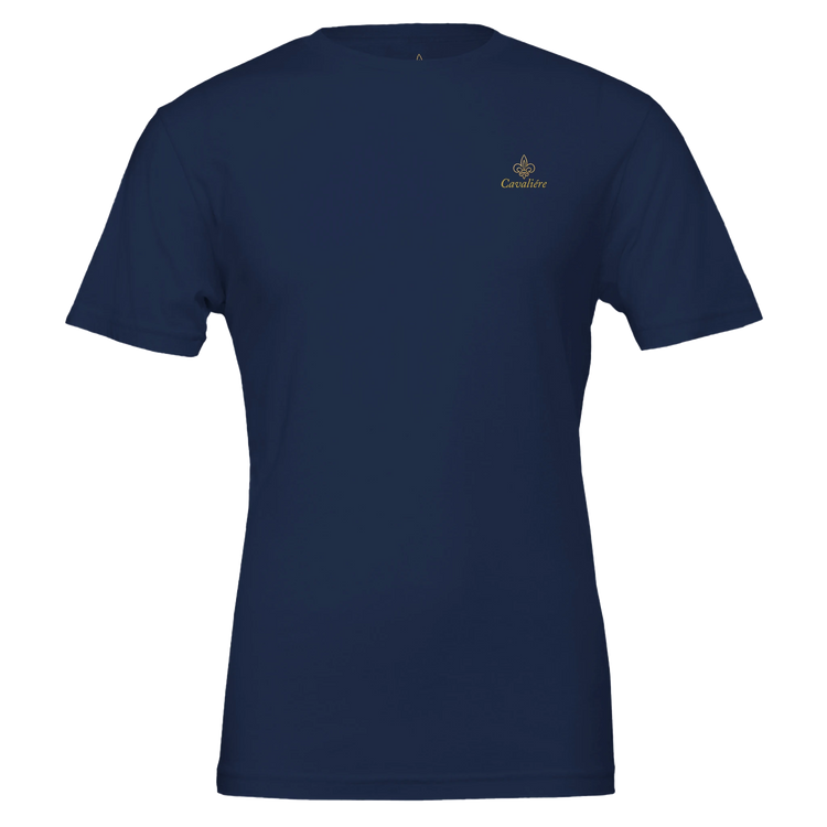 Premium Unisex Crewneck T-shirt | Cavaliére in navy blue with small gold embroidered logo on chest, classic crew neck design