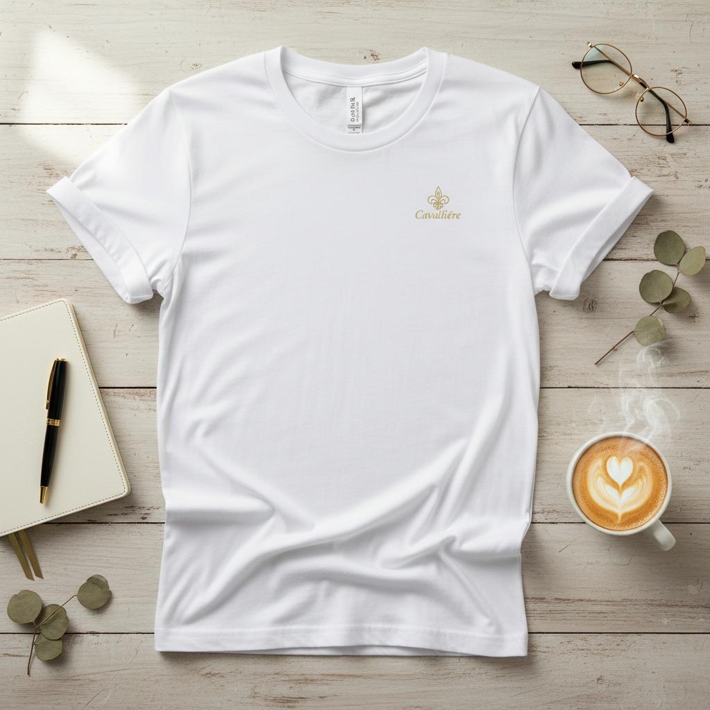 Premium Unisex Crewneck T-shirt | Cavaliére in crisp white with delicate gold embroidered logo on chest, laid flat with accessories