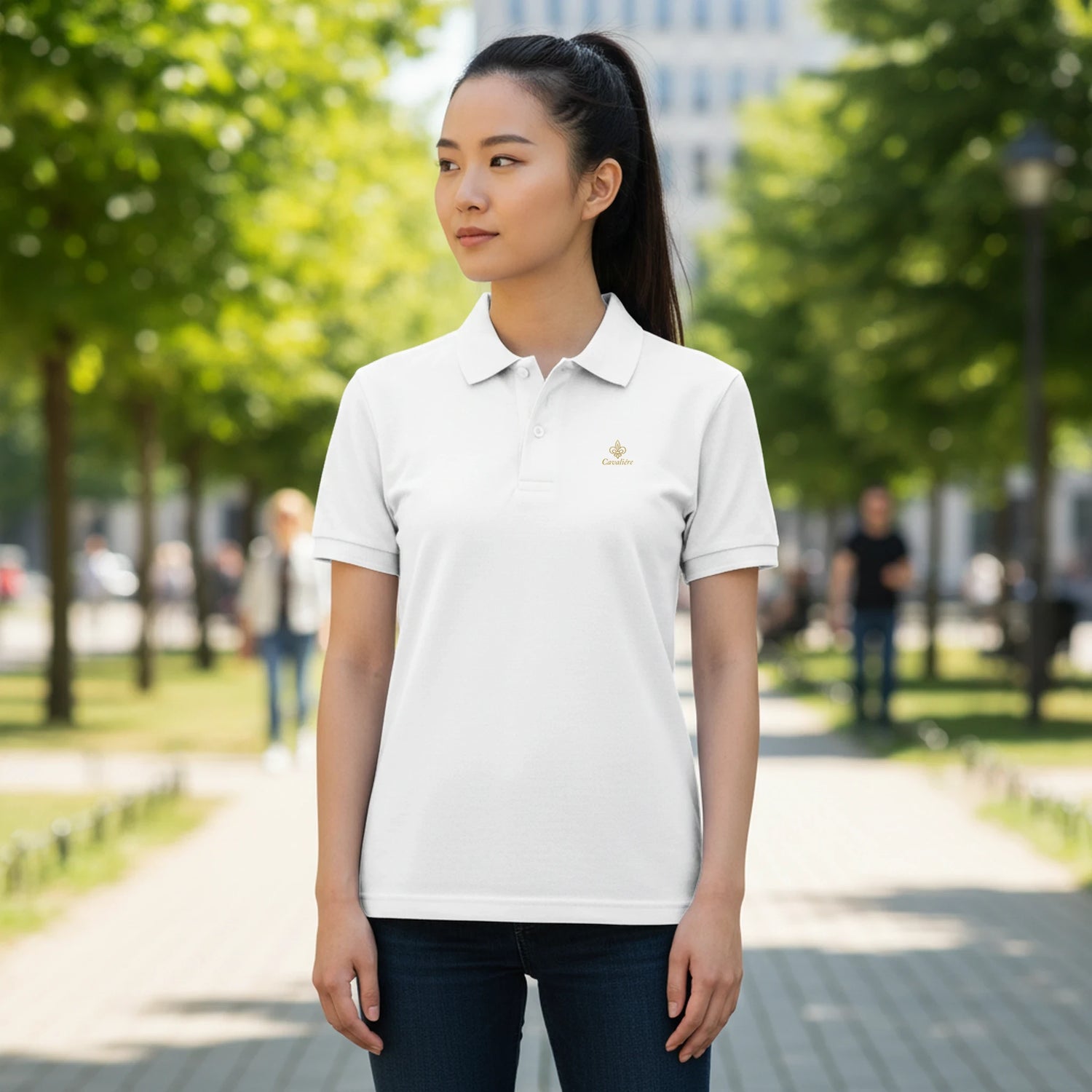 Stylish White Cavaliére Unisex Polo Shirt in breathable 210 GSM cotton piqué, featuring a classic waffle texture and ribbed collar.
