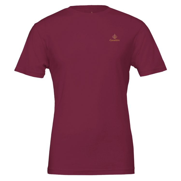 Premium Unisex Crewneck T-shirt | Cavaliére in rich burgundy with subtle gold embroidered logo on chest