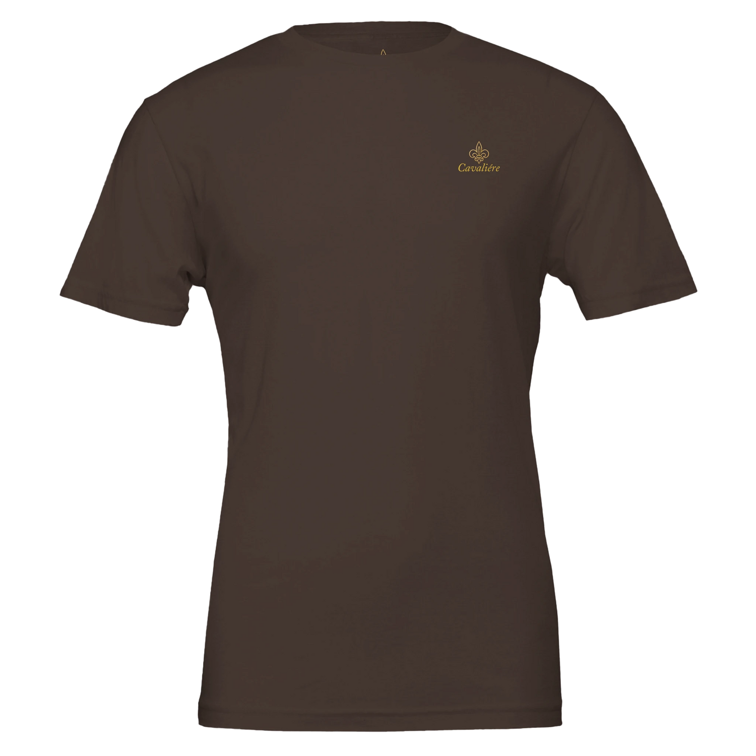 Premium Unisex Crewneck T-shirt | Cavaliére in deep brown with subtle embroidered gold logo on chest, sleek crew neck style