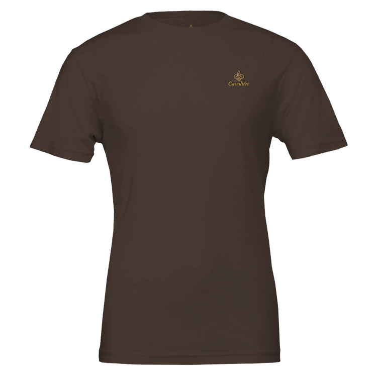 Premium Unisex Crewneck T-shirt | Cavaliére in deep brown with subtle embroidered gold logo on chest, sleek crew neck style