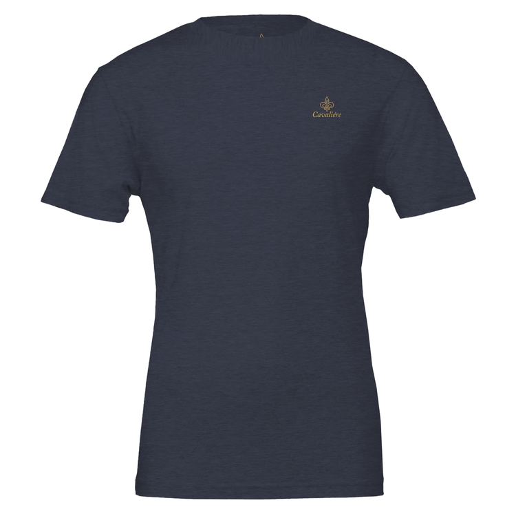 Premium Unisex Crewneck T-shirt | Cavalière in navy blue with small gold embroidered logo on back shoulder