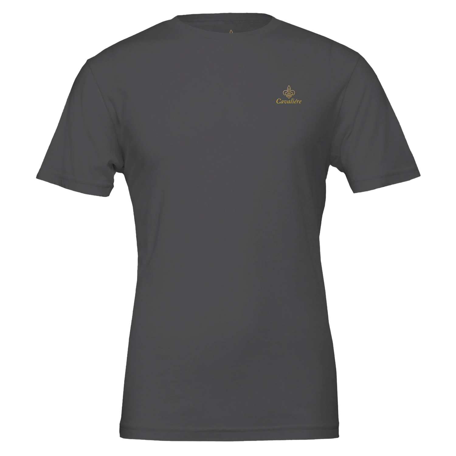 Premium Unisex Crewneck T-shirt | Cavaliére in charcoal grey with small gold embroidered logo on chest, classic crew neck style