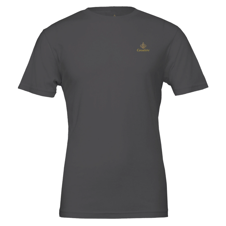 Premium Unisex Crewneck T-shirt | Cavaliére in charcoal grey with small gold embroidered logo on chest, classic crew neck style