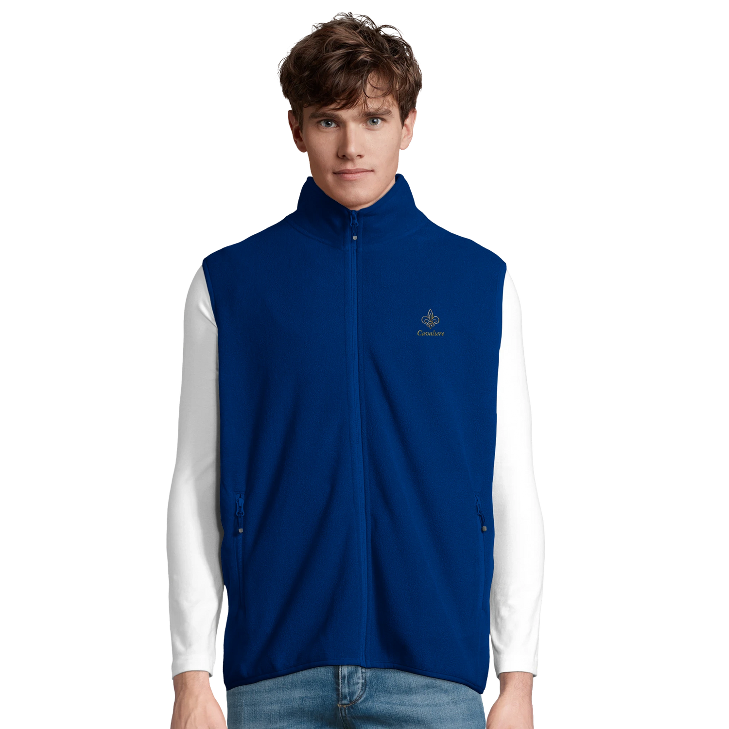 Cavaliére Unisex Microfleece Zip Vest in royal blue with high collar and embroidered logo on the chest