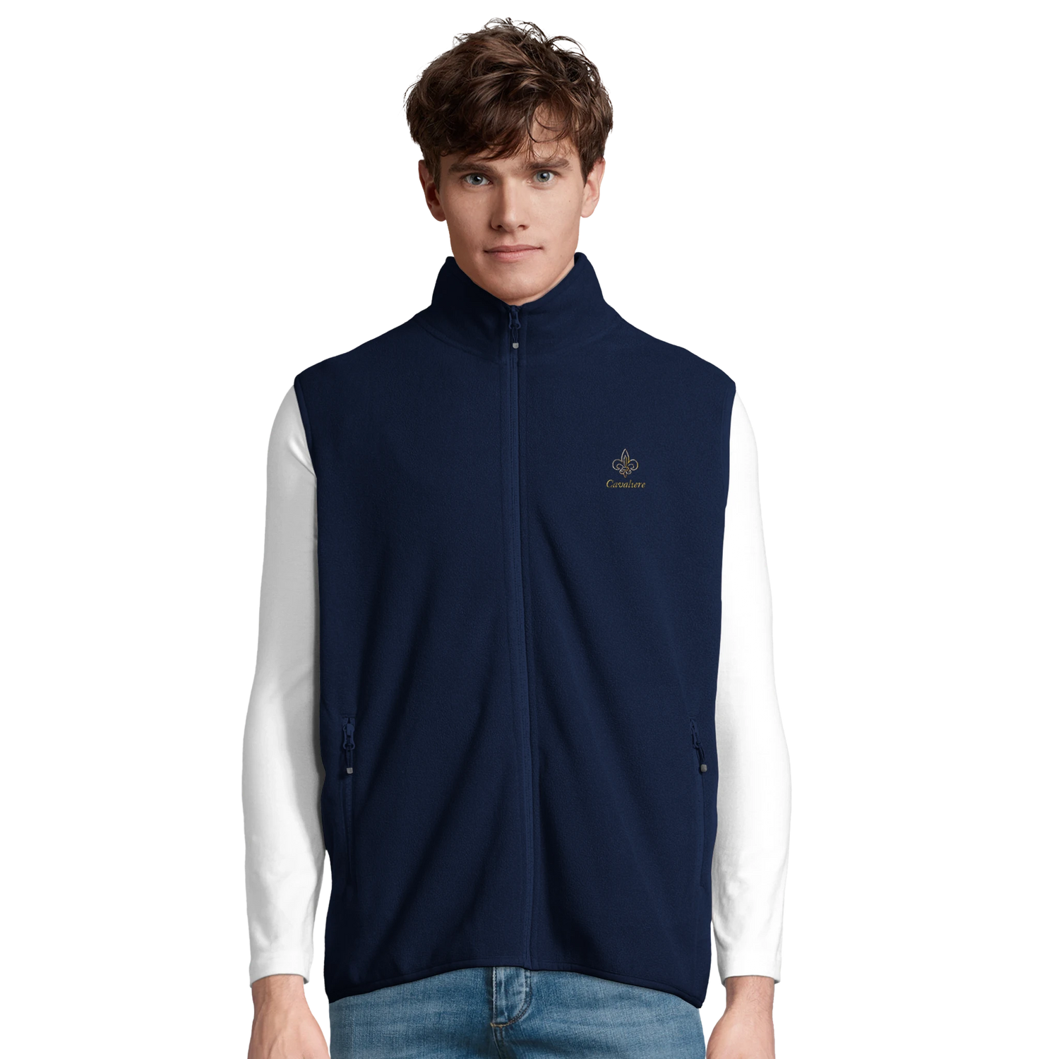 Cavaliére Unisex Microfleece Zip Vest in navy with stand-up collar and discreet embroidered logo on chest, worn over white long sleeve shirt
