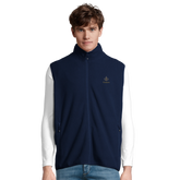 Cavaliére Unisex Microfleece Zip Vest in navy with stand-up collar and discreet embroidered logo on chest, worn over white long sleeve shirt