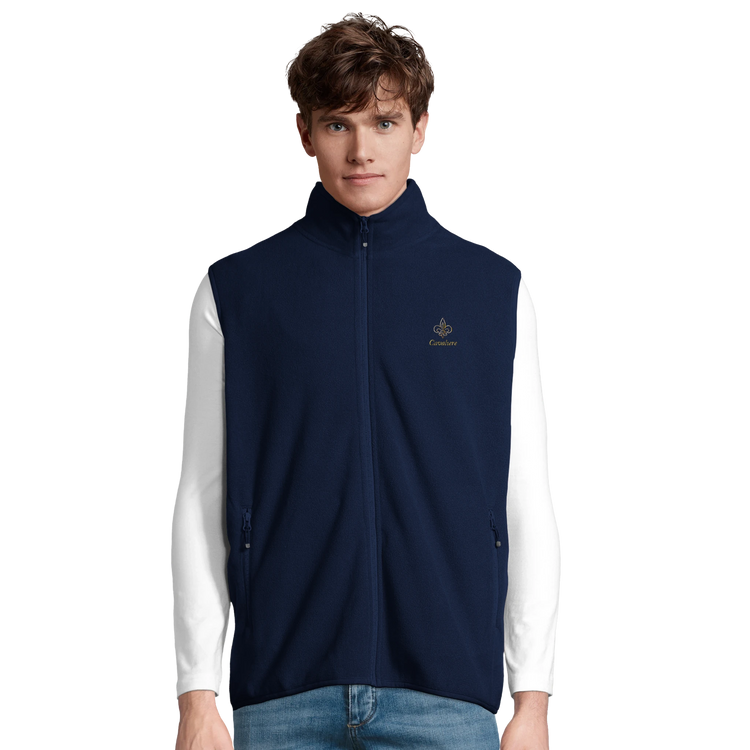 Cavaliére Unisex Microfleece Zip Vest in navy with stand-up collar and discreet embroidered logo on chest, worn over white long sleeve shirt