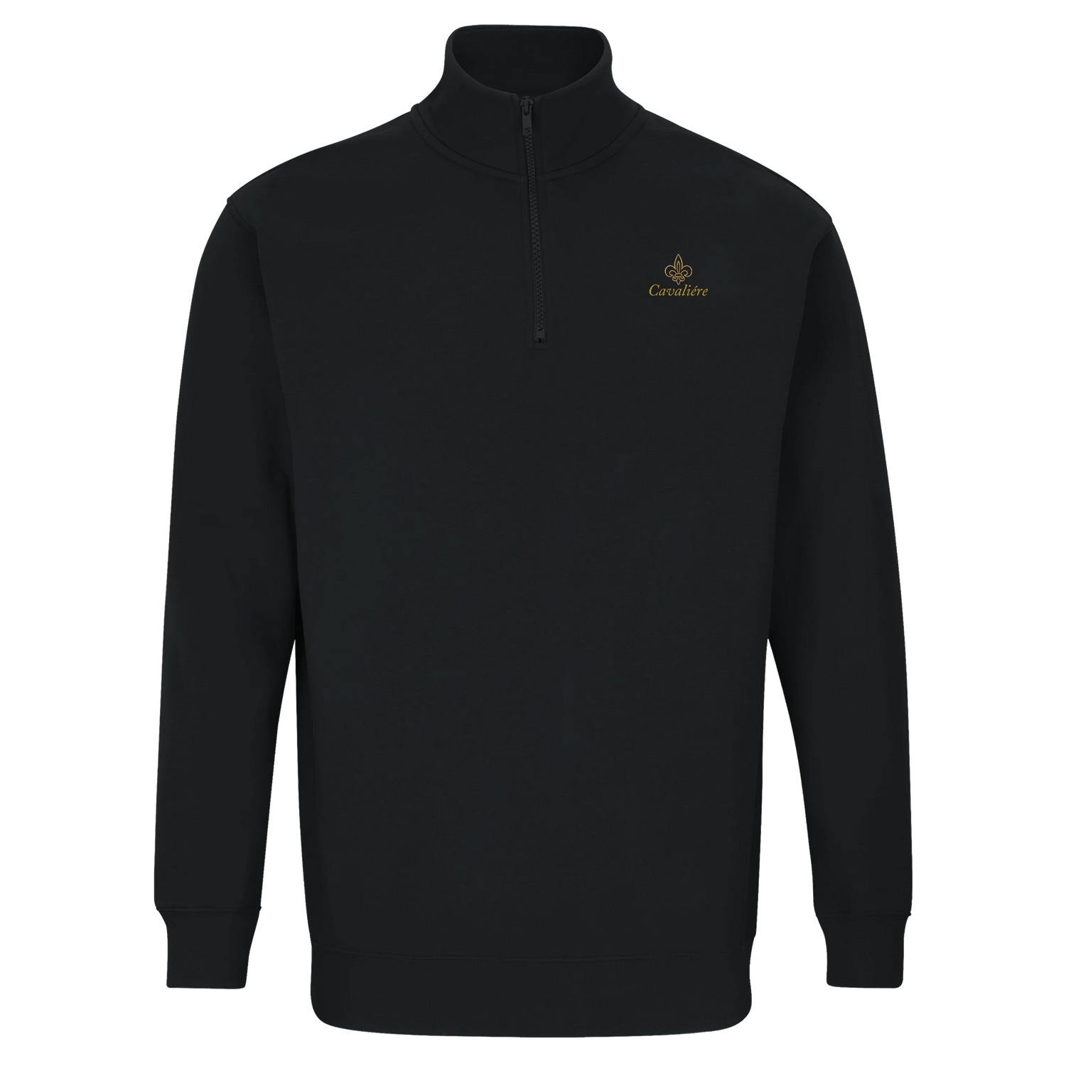 Cavaliére Unisex 1/4 Zip Sweatshirt in black with high collar and small gold embroidered logo on chest