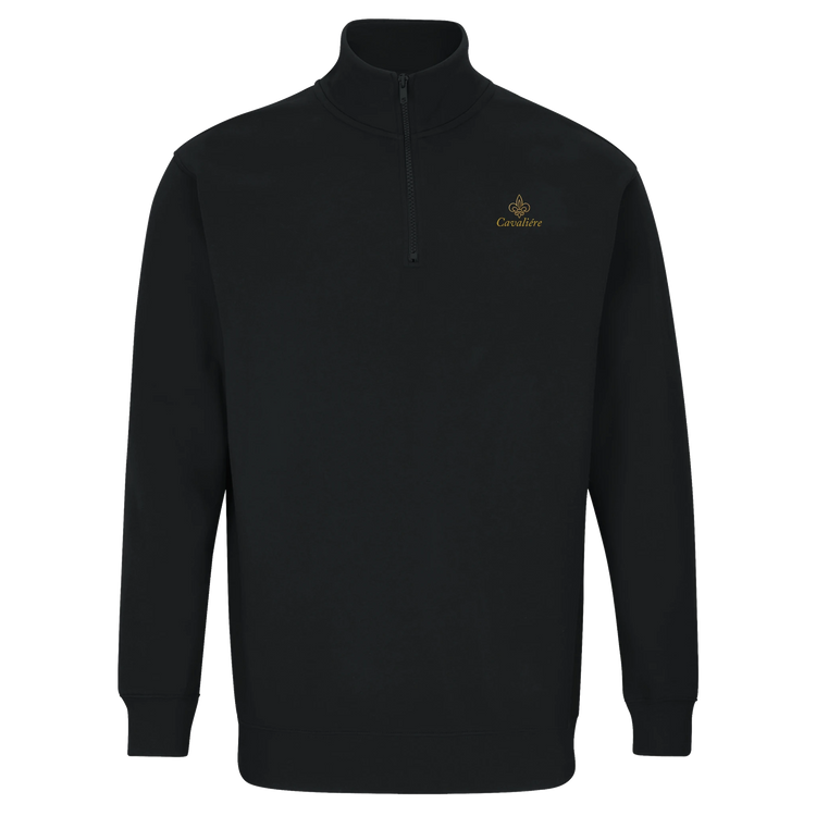 Cavaliére Unisex 1/4 Zip Sweatshirt in black with high collar and small gold embroidered logo on chest