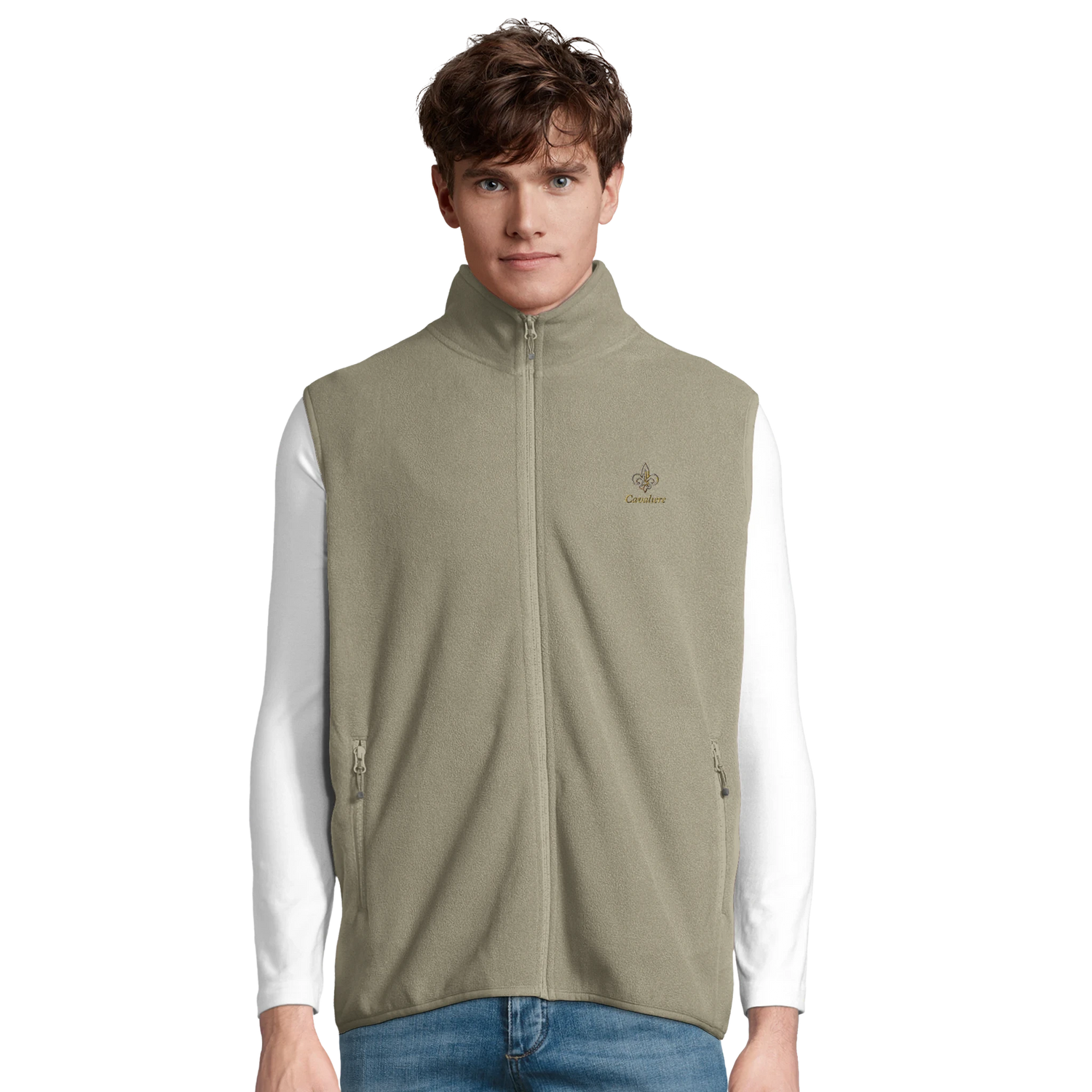 Cavaliére Unisex Microfleece Zip Vest in soft muted taupe with stand collar and embroidered logo on chest worn over white shirt
