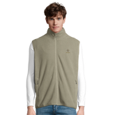 Cavaliére Unisex Microfleece Zip Vest in soft muted taupe with stand collar and embroidered logo on chest worn over white shirt