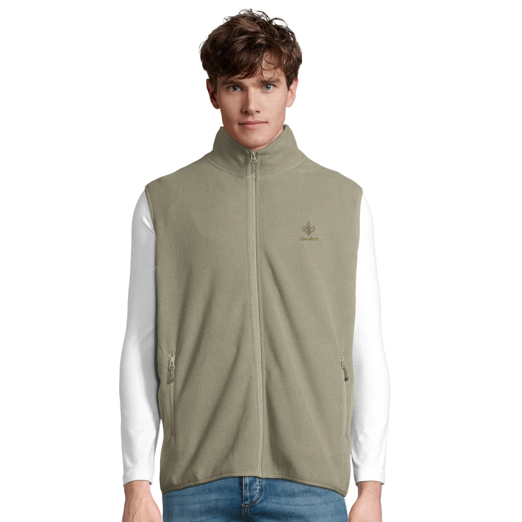 Cavaliére Unisex Microfleece Zip Vest in soft muted taupe with stand collar and embroidered logo on chest worn over white shirt