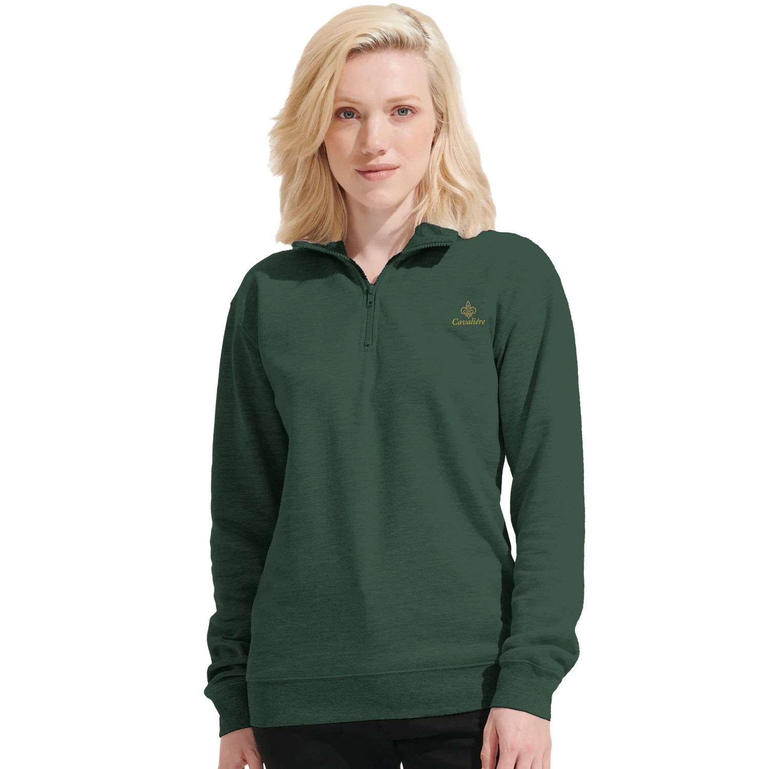 Cavaliére Unisex 1/4 Zip Sweatshirt in dark green with embroidered logo and high collar, styled for casual comfort