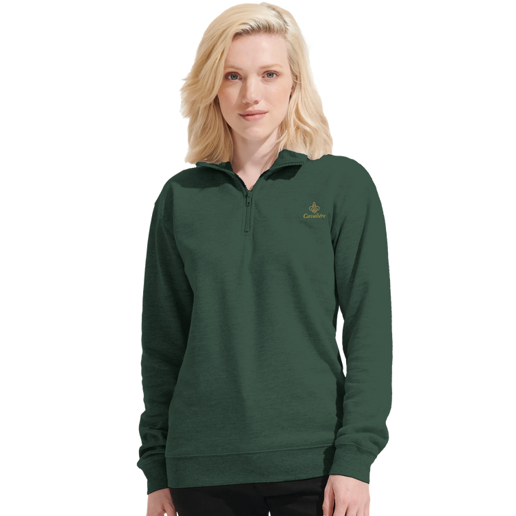Cavaliére Unisex 1/4 Zip Sweatshirt in dark green with embroidered logo and high collar, styled for casual comfort