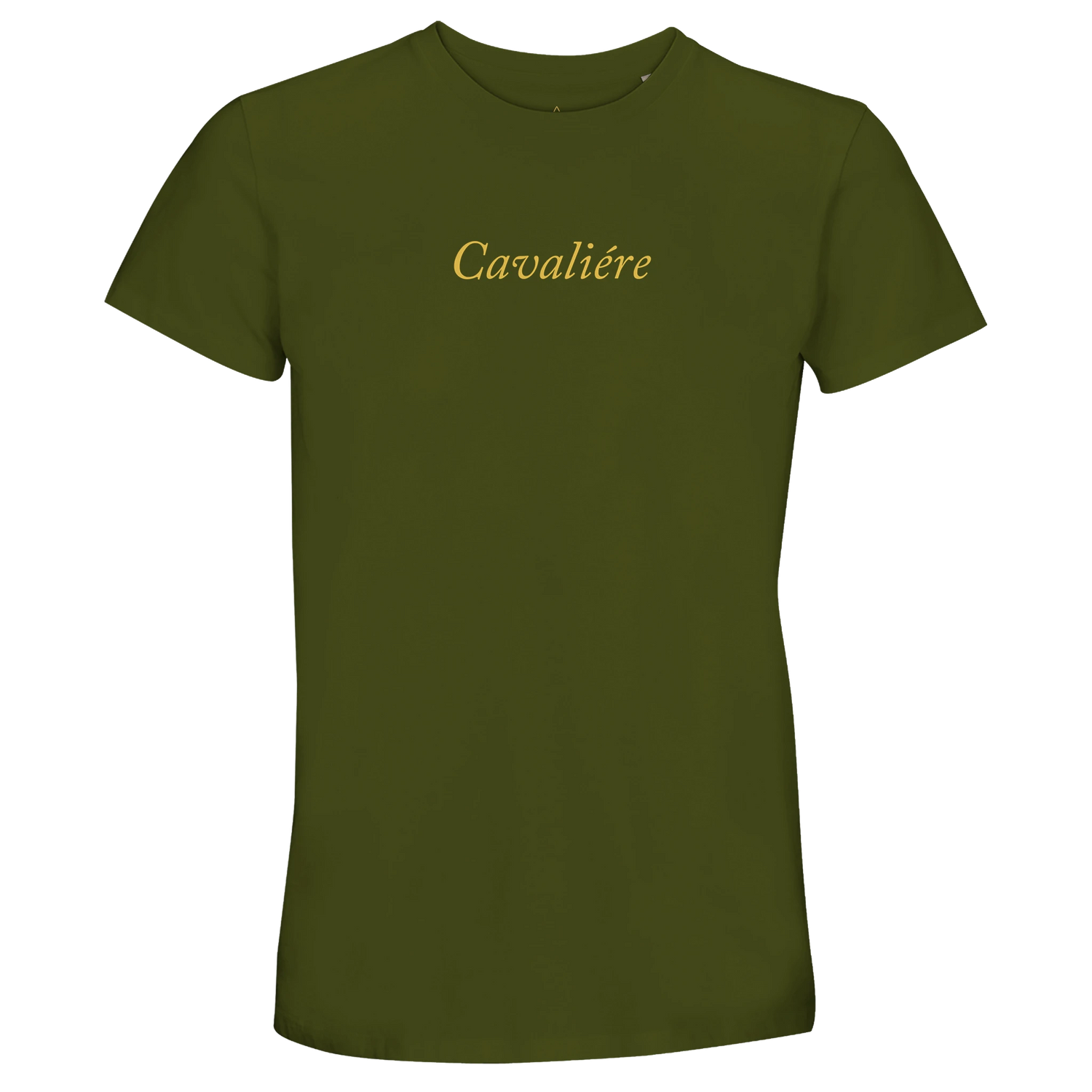 Women Crewneck T-shirt | Cavaliére in olive green featuring elegant gold script logo at chest, classic fit design