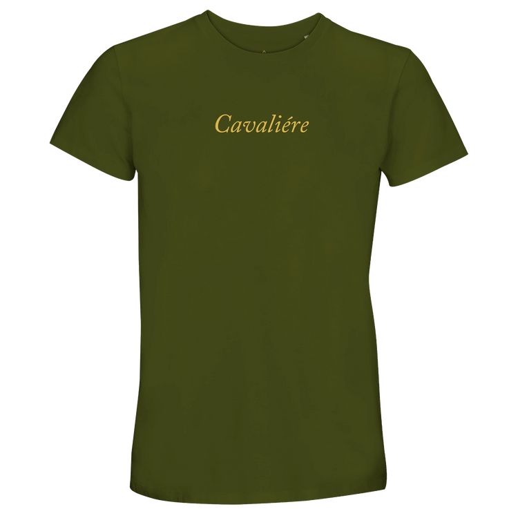 Women Crewneck T-shirt | Cavaliére in olive green featuring elegant gold script logo at chest, classic fit design