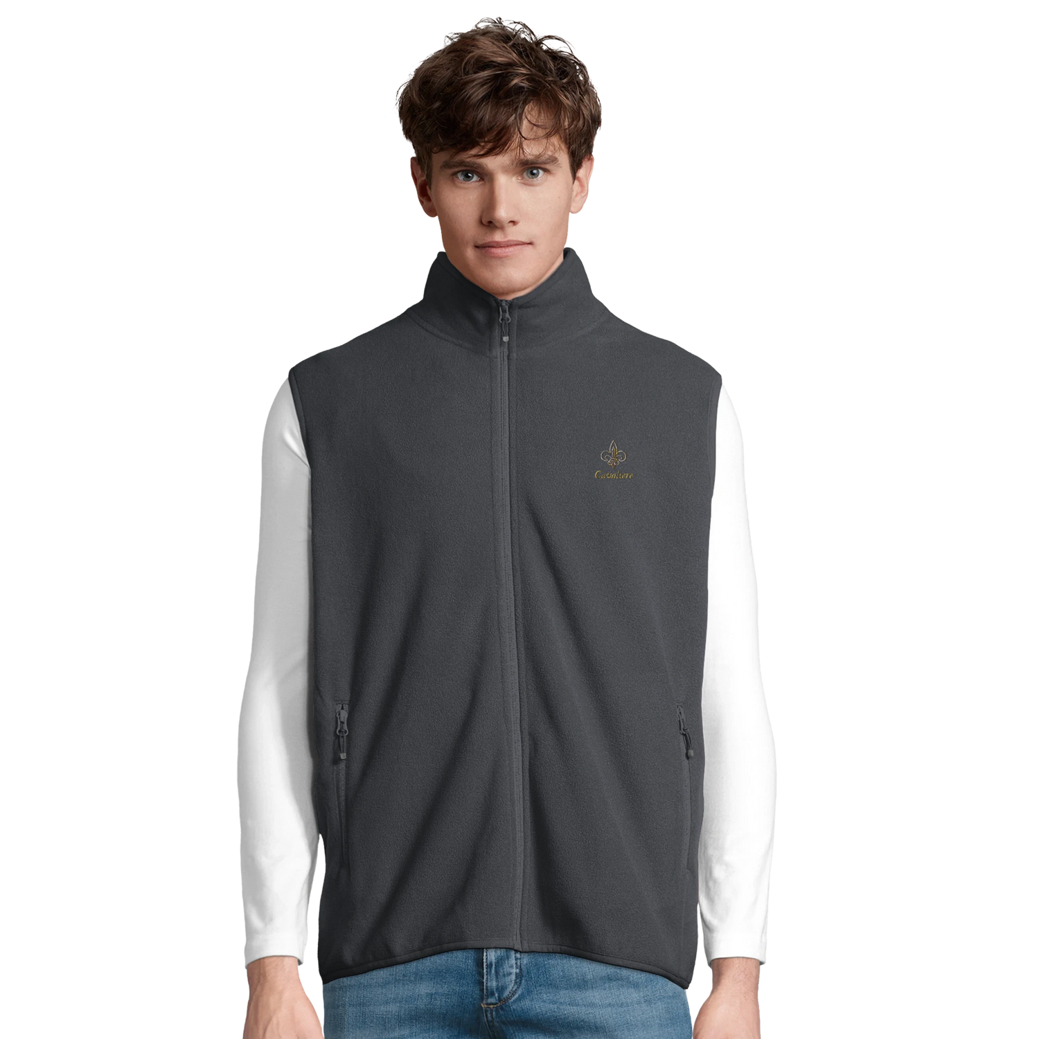 Cavaliére Unisex Microfleece Zip Vest in charcoal grey with high collar and subtle embroidered logo on chest