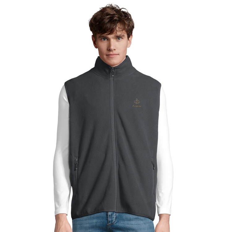 Cavaliére Unisex Microfleece Zip Vest in charcoal grey with high collar and subtle embroidered logo on chest