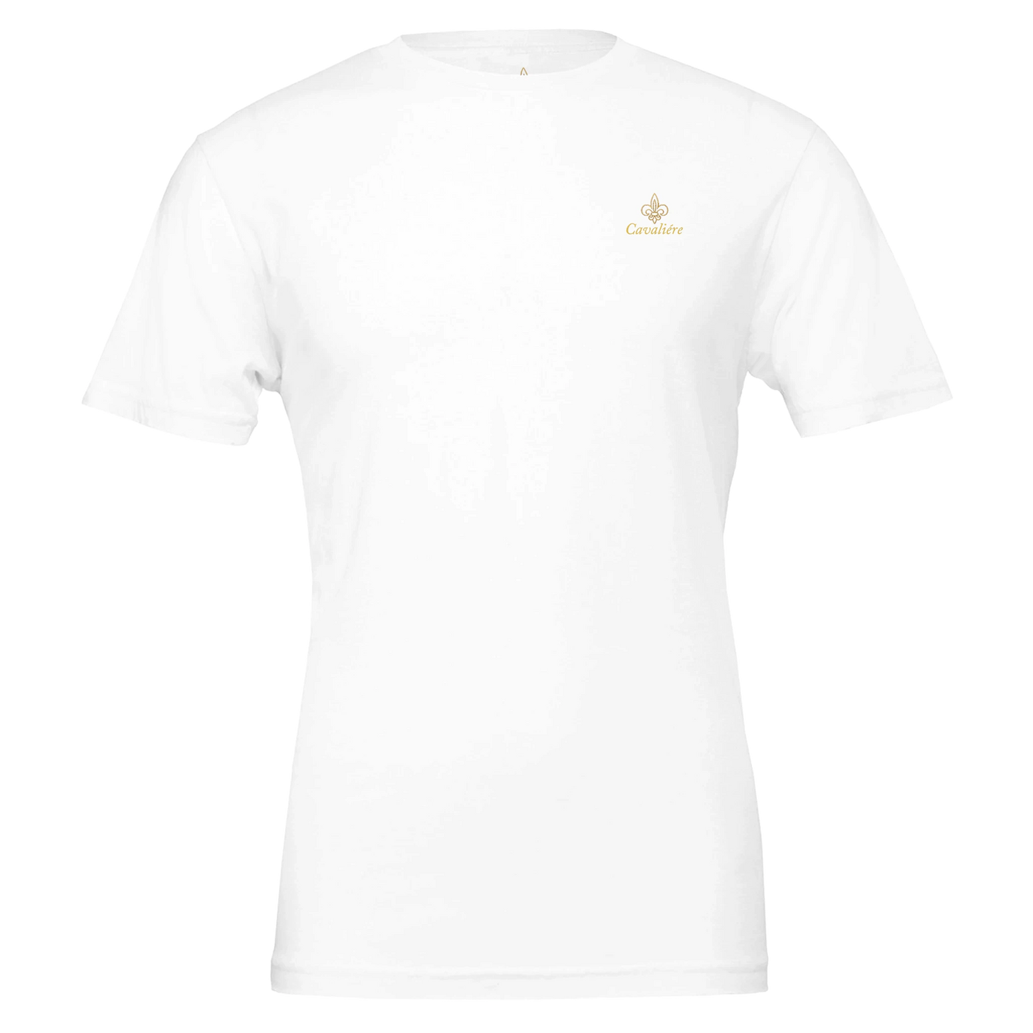 Premium Unisex Crewneck T-shirt | Cavaliére in white with gold embroidered logo on chest, clean minimalist crew neck style