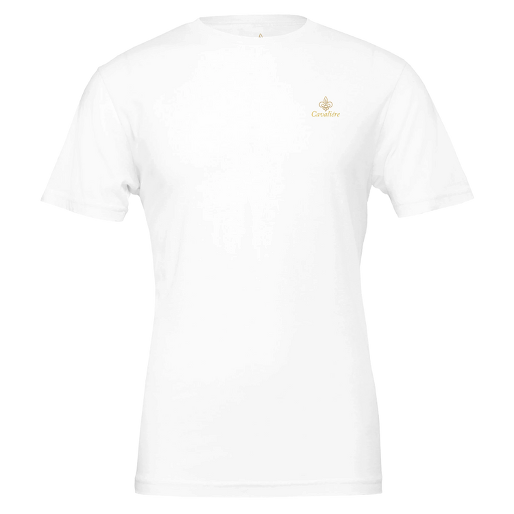 Premium Unisex Crewneck T-shirt | Cavaliére in white with gold embroidered logo on chest, clean minimalist crew neck style
