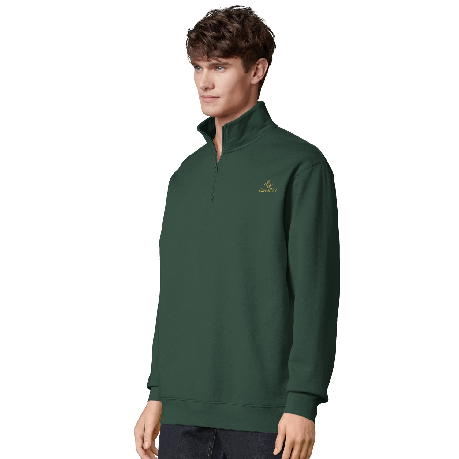 Cavaliére Unisex 1/4 Zip Sweatshirt in forest green with high collar and subtle gold embroidered logo on chest
