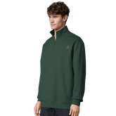 Cavaliére Unisex 1/4 Zip Sweatshirt in forest green with high collar and subtle gold embroidered logo on chest