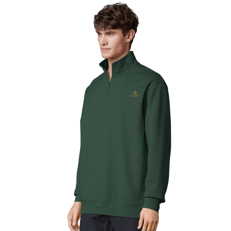 Cavaliére Unisex 1/4 Zip Sweatshirt in forest green with high collar and subtle gold embroidered logo on chest