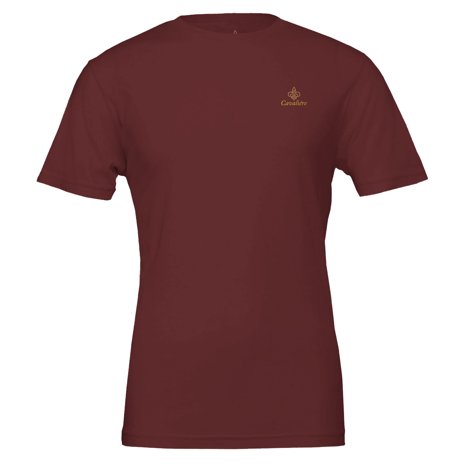 Premium Unisex Crewneck T-shirt | Cavaliére in deep burgundy with small embroidered logo on chest in gold thread