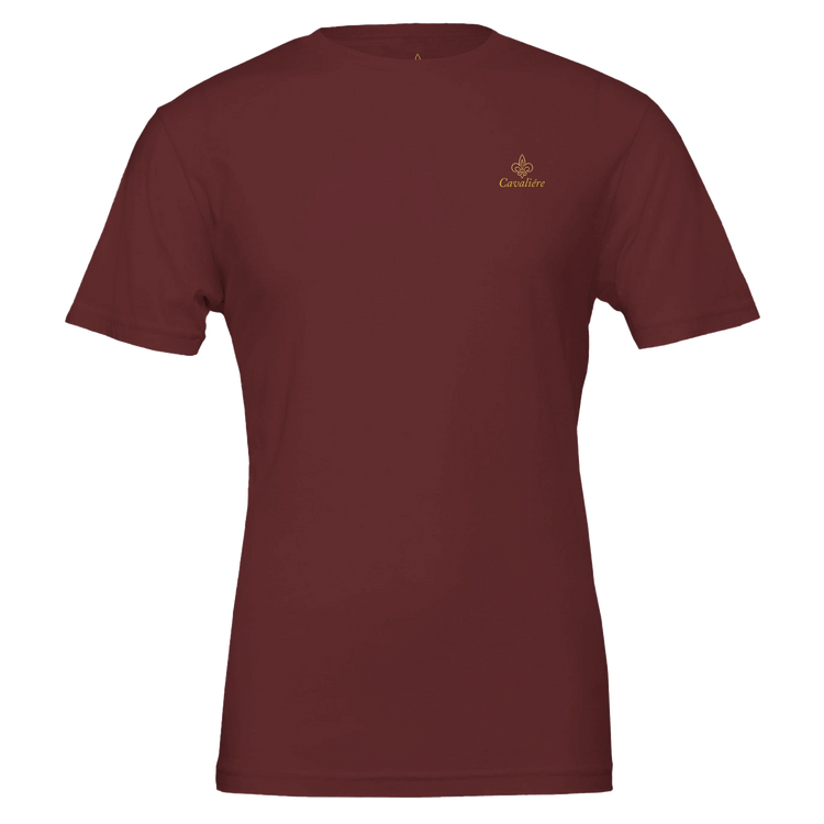 Premium Unisex Crewneck T-shirt | Cavaliére in deep burgundy with small embroidered logo on chest in gold thread