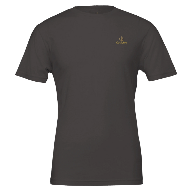 Premium Unisex Crewneck T-shirt | Cavaliére in dark grey with small gold embroidered logo on chest, classic fit crew neck style
