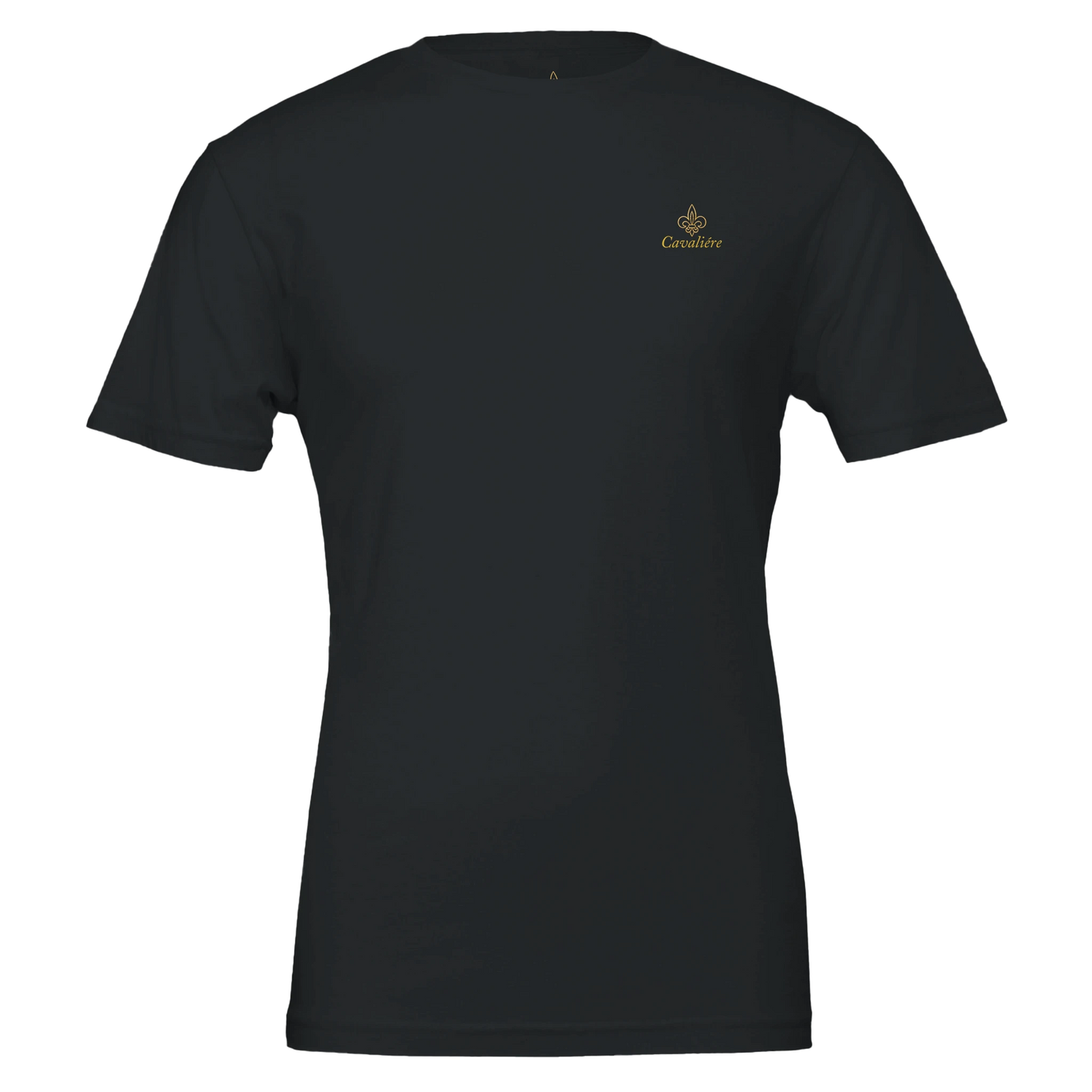 Premium Unisex Crewneck T-shirt | Cavaliére in black with gold logo embroidery on chest, classic crew neck fit