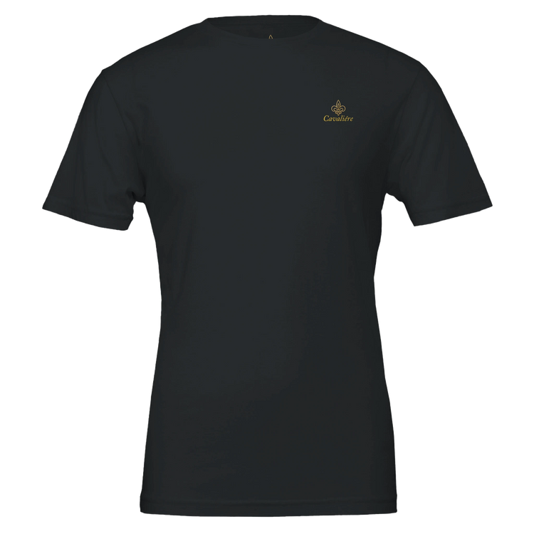 Premium Unisex Crewneck T-shirt | Cavaliére in black with gold logo embroidery on chest, classic crew neck fit